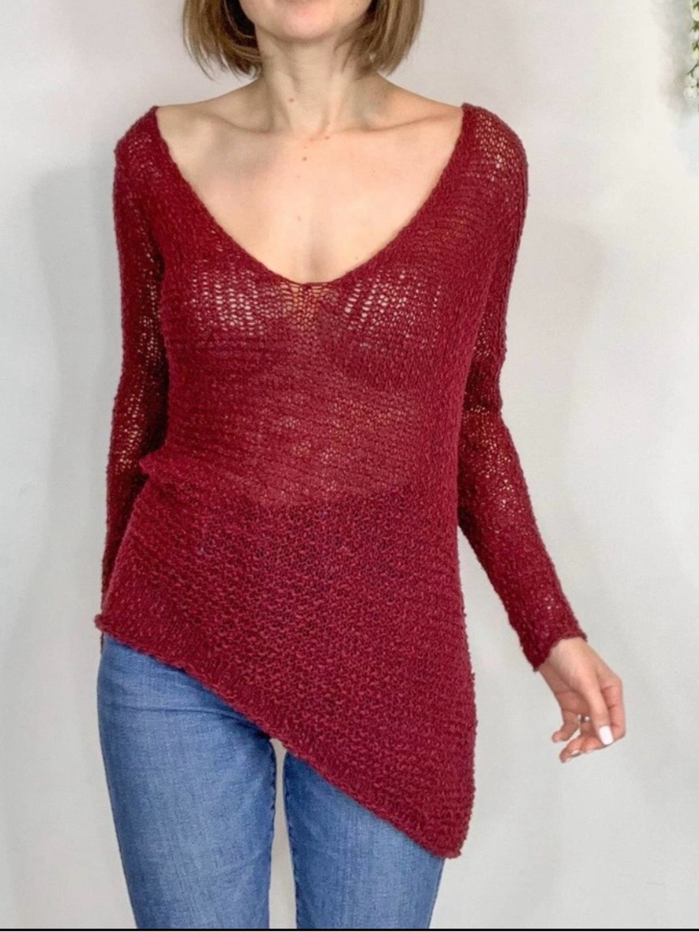 TALULA Maroon Crochet Asymmetrical Off-Shoulder Sweater XS